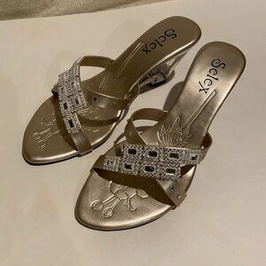 Selex Women's Open Toe Shoes Heels Bling Sparkly Beaded Formal Champagne NWOT